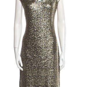 NWT Kevan Hall Studio Gold & Silver/Gunmetal Grey Sequin Dress w Cut Outs
Sz 14